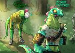 anthro bottomwear chameleon clothing crop_top dialogue drstrangeluvve duo english_text epic_games fingerless_gloves footwear fortnite gloves handwear hi_res jogging lizard lizzik_(fortnite) male male/male outside plant reptile scalie shirt shoes shorts snapback_hat t-shirt text tongue tongue_out topwear tree ziggy_(fortnite)