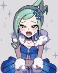  0393_piplup 1girl arm_warmers blue_choker blush breasts choker collarbone commentary_request crop_top crying crying_with_eyes_open earrings eyelashes green_eyes green_hair hair_ornament highres jewelry lisia_(pokemon) looking_at_viewer mega_stone midriff navel open_mouth overskirt pokemon pokemon_omega_ruby_and_alpha_sapphire shirt shorts sidelocks skirt small_breasts solo tears 