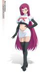  1girl black_boots black_gloves black_shirt blue_eyes boots closed_mouth commentary commission cropped_jacket earrings elbow_gloves gloves hair_down hand_on_own_hip highres jacket jessie_(pokemon) jewelry long_hair mzrz navel pokemon pokemon_(anime) purple_hair shirt skirt solo standing team_rocket team_rocket_uniform thigh_boots white_background white_jacket white_skirt 