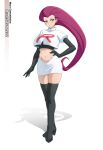  1girl black_boots black_gloves black_shirt blue_eyes boots closed_mouth commentary commission cropped_jacket earrings elbow_gloves gloves hand_on_own_hip highres jacket jessie_(pokemon) jewelry long_hair mzrz navel pokemon pokemon_(anime) purple_hair shirt skirt solo standing team_rocket team_rocket_uniform thigh_boots white_background white_jacket white_skirt 
