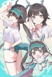  1girl absurdres alternate_costume aqua_buruma arknights arknights:_endfield ass black_hair blush buruma chen_qianyu_(arknights) commentary dragon_girl dragon_horns dragon_tail fang grin grunel_(grunel_7979) highres horns looking_at_viewer low_twintails navel one_eye_closed open_mouth own_hands_together shirt skin_fang smile stomach sweatdrop t-shirt tail twintails visor_cap w white_shirt 