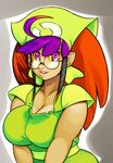  ahoge bandana breasts cleavage curvy elazuls-core glasses gradient_hair highres huge_ahoge large_breasts lips long_hair multicolored_hair nose orange_hair parted_lips pink_eyes pointy_ears pokemon pokemon_(game) pokemon_breeder_(pokemon) purple_hair round_eyewear smile solo tan v_arms yellow_sclera 