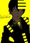  1boy black_jacket blending character_name closed_mouth collared_shirt commentary_request copyright_name death_the_kid hair_between_eyes highres jacket larugo0513 looking_to_the_side male_focus shirt short_hair solo soul_eater suit upper_body wing_collar yellow_background yellow_eyes 