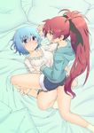  blue_eyes blue_hair blush breast_grab grabbing groping hair_ornament hair_ribbon hood hoodie kogaku_kazuya licking_lips long_hair mahou_shoujo_madoka_magica miki_sayaka multiple_girls red_eyes red_hair ribbon sakura_kyouko short_hair straddling tongue tongue_out very_long_hair yuri 