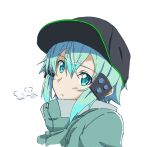  1girl alternate_costume aqua_eyes aqua_hair aqua_jacket asagi501 baseball_cap black_hat commentary_request double-parted_bangs green_trim hair_between_eyes hair_ornament hairclip hat high_collar huffing jacket light_blush looking_at_viewer medium_hair messy_hair neon_trim parted_lips simple_background sinon solo sword_art_online upper_body white_background 