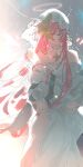  1girl absurdres ambience_synesthesia arknights backlighting chinese_commentary closed_mouth commentary_request detached_wings didiwei_pohuai_wang disembodied_hand dress expressionless facial_mark feet_out_of_frame gold_trim grey_background halo highres lemuen_(arknights) lemuen_(requiem_vesperis)_(arknights) long_dress long_hair looking_at_viewer mark_under_eye official_alternate_costume one_eye_covered pearl_choker pink_eyes pink_hair sitting solo star_pendant teardrop_facial_mark traditional_halo veil very_long_hair white_dress white_halo white_veil wings 