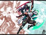  1girl armored_bodysuit artist_logo assault_visor black_border black_hair bodysuit border breasts cape capelet closed_mouth commentary_request commission covered_groin crossed_bangs different_zoom_layer double-parted_bangs full_body gauntlets green_streaks hair_between_eyes headgear highres large_breasts logo long_breast_curtain long_hair looking_at_viewer multicolored_hair muscular muscular_female ninja nuuuuuusi06 original pixiv_commission projected_inset red_visor science_fiction solo streaked_hair tabard thick_thighs thighs very_long_hair white_cape white_capelet yellow_eyes zoom_layer 