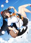  1girl bag bird_wings black_feathers black_ribbon black_skirt black_wings blue_sky breasts brown_bag brown_eyes brown_hair camera cloud collared_shirt commentary_request day falling_feathers feathers frilled_skirt frills hat hataraki_kuma highres holding holding_camera large_breasts looking_at_viewer neck_ribbon open_mouth outdoors pom_pom_(clothes) puffy_short_sleeves puffy_sleeves red_hat ribbon ribbon-trimmed_skirt ribbon_trim shameimaru_aya shirt short_sleeves shoulder_bag skirt sky smile socks solo tokin_hat touhou white_shirt white_socks wings 
