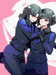  2girls araya_(project_moon) black_gloves black_hair black_shirt blue_jacket blue_necktie blue_pants blue_suit blunt_bangs blunt_ends bright_pupils buttons chinese_commentary closed_mouth collared_shirt commentary_request curtained_hair gloves highres hug jacket knees_up lapels limbus_company long_sleeves looking_at_another matching_outfits medium_hair mother_and_child mother_and_daughter multiple_girls nana_nana_bot necktie open_mouth pant_suit pants parent_and_child parted_bangs pink_background pinky_(identity)_(project_moon) project_moon red_eyes ryoshu_(project_moon) shirt short_hair sidelocks smile standing suit suit_jacket suit_pants thigh_strap tie_clip white_pupils 
