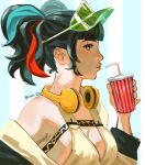  1girl artist_name bare_shoulders black_hair breasts cup fate/grand_order fate_(series) green_hair headphones headphones_around_neck highres holding holding_cup lips off_shoulder profile red_hair sei_shounagon_(fate) sei_shounagon_(swimsuit_berserker)_(first_ascension)_(fate) sidelocks small_breasts solo twitter_username une_1111 upper_body visor_cap 