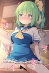  1boy 1girl absurdres ascot bar_censor blue_dress blue_sailor_collar blush bow breasts censored closed_mouth commentary_request cowgirl_position daiyousei darumoon dress fairy fairy_wings frilled_dress frills girl_on_top green_eyes green_hair hair_bow heart hetero highres medium_breasts one_side_up paid_reward_available penis puffy_short_sleeves puffy_sleeves sailor_collar sailor_shirt sex shirt short_dress short_sleeves smile straddling touhou translation_request vaginal white_shirt wings yellow_ascot yellow_bow 