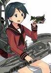  aircraft airplane black_eyes black_hair kantai_collection konishi_(koconatu) machinery mogami_(kantai_collection) remodel_(kantai_collection) school_uniform serafuku short_hair sitting solo 