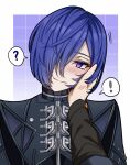  ! 1boy 1girl ? black_cloak blue_hair blush border cloak closed_mouth commentary_request hair_over_one_eye hand_on_another's_cheek hand_on_another's_face head_tilt looking_at_viewer motion_lines pov pov_hands promeia_(zenless_zone_zero) purple_background purple_eyes sanmoto_gorouzaemon smile spoken_exclamation_mark spoken_question_mark white_border wise_(zenless_zone_zero) zenless_zone_zero 