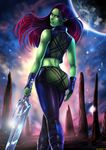  butt female gamora green_skin guardians_of_the_galaxy marvel showing smile sword therealshadman weapon 