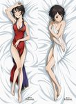  arm_up bare_legs barefoot bed_sheet breasts china_dress chinese_clothes cleavage copyright_name dakimakura dress embarrassed from_above highres long_legs looking_at_viewer lying medium_breasts mole multiple_views naked_sheet on_back red_dress senkou_no_night_raid short_hair sleeveless sleeveless_dress sonogi_yukina thighs 