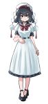  1girl 5alive adapted_costume alternate_headwear black_hair black_sailor_collar black_shoes bow bowtie closed_mouth commentary dress frilled_dress frills hat hat_bow highres pom_pom_(clothes) red_bow red_bowtie sailor_collar shameimaru_aya shoes short_hair short_sleeves sleeve_cuffs smile solo touhou white_background white_dress white_hat 