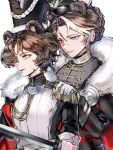  absurdres aiguillette animal_ears antoly_(arknights) arknights bear_boy bear_ears bear_girl black_hat black_jacket blood blood_on_face brown_hair character_request chinese_commentary commentary_request epaulettes gloves hair_over_one_eye hands_on_another's_shoulders hat highres holding holding_sword holding_weapon jacket long_sleeves military_uniform mother_and_child mother_and_son multicolored_hair parent_and_child profile purple_eyes scar scar_on_face scar_on_nose short_hair simple_background smile streaked_hair sword upper_body weapon white_background white_gloves white_streaks yun_shao_shaozi 