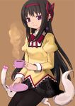  &gt;_&lt; akemi_homura bad_hands black_hair black_legwear bow brown_background closed_eyes cup flying_sweatdrops hair_ribbon jewelry kyubey long_hair looking_at_viewer mahou_shoujo_madoka_magica mahou_shoujo_madoka_magica_movie pantyhose purple_eyes ribbon school_uniform simple_background single_earring sitting sitting_on_animal skirt smile tea teacup tsubaki_(tatajd) 