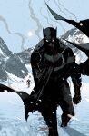  1boy bat_mask batman batman_(series) batman_symbol belt black_cape bodysuit cape cowl dc_comics grey_bodysuit highres jorge_jimenez male_focus multicolored_bodysuit outdoors snow snowing solo superhero_costume taut_bodysuit two-tone_bodysuit utility_belt 