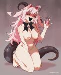  +_- 1girl absurdres animal_ears artist_name asymmetrical_horns backward-facing_horns barefoot bell between_legs black_bow black_bowtie black_eyes black_horns black_mouth black_saliva bow bowtie breasts bright_pupils bubble colored_saliva completely_nude cup demon_girl drink drinking_glass femme_soule full_body goat_ears goat_horns hair_intakes hand_between_own_legs heterochromia highres holding holding_cup horns kneeling large_breasts lizard_tail long_hair looking_at_viewer mismatched_horns navel neck_bell nipple_indents nipples notched_ear nude open_mouth pink_eyes pink_hair pukey_goddess_shot_trick shaded_face shot_glass solo tail twitter_username unreal_fish white_horns white_pupils 