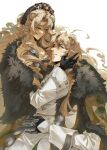  1boy 1girl absurdres animal_ears arknights bear_boy bear_ears bear_girl black_gloves blonde_hair blue_eyes character_request chinese_commentary closed_mouth coat commentary_request drill_hair fur-trimmed_coat fur-trimmed_hood fur_trim fyodor_vladimirovich_(arknights) gloves hand_on_another's_face highres hood long_hair long_sleeves looking_at_another parted_lips shige_(agnostic717717) simple_background smile white_background white_coat 