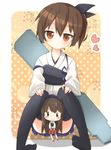  akagi_(kantai_collection) armor bad_id bad_pixiv_id blush_stickers brown_hair character_doll commentary hair_ribbon heart japanese_clothes kaga_(kantai_collection) kantai_collection looking_at_viewer muneate rateratte ribbon short_hair sitting solo thighhighs younger 
