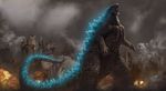  bad_pixiv_id city claws dated explosion glowing godzilla godzilla_(2014) godzilla_(series) highres kaijuu monster no_humans open_mouth ruins saliva sharp_teeth signature smoke solo spikes tail teeth tongue zhen_lu 