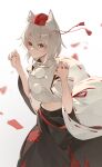  1girl absurdres animal_ear_fluff animal_ears black_skirt breasts chinese_commentary claw_pose closed_mouth commentary_request detached_sleeves grey_background hat highres inubashiri_momiji kenkxx leaf_print looking_at_viewer maple_leaf_print medium_breasts midriff print_skirt red_hat red_nails short_hair skirt smile solo tokin_hat touhou wolf_ears wolf_girl yellow_eyes 