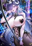  1girl absurdres alternate_costume animal_ears august_von_parseval_(azur_lane) azur_lane bare_shoulders black_horns breasts curled_horns fake_animal_ears hair_over_one_eye highres holding holding_pole horns huge_breasts long_hair looking_at_viewer navel one_eye_covered open_mouth pole pole_dancing purple_eyes purple_hair rabbit_ears reverse_bunnysuit reverse_outfit solo stripper_pole tansuan_(ensj3875) 