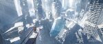  1girl absurdres asteroid_ill backpack bag building commentary_request fog from_above highres ice jacket long_hair orbeetle pokemon pokemon_(creature) pokemon_focus red_jacket regice ruins size_difference skarmory skyscraper snow snowing solo sunlight watermark wide_shot 