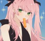  1girl aikawa_megumi bare_shoulders black_dress dress food food_in_mouth green_eyes hair_tie heaven_burns_red light_blush long_hair looking_at_viewer pink_hair popsicle popsicle_in_mouth rin_0101010 