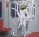 absurd_res anthro balls blackheartwolf canid corruption detailed_background dripping erection genitals goo_creature goo_transformation hi_res humanoid_genitalia latex_creature living_latex male mammal metro mid_transformation mind_break penis red_eyes slime solo standing standing_on_toes tendrils tentacles train transformation underground vehicle white_body white_goo