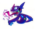  blue_gem gem green_gem looking_at_viewer looking_back no_humans open_mouth pokemon pokemon_(creature) railroadlion red_gem sableye signature simple_background solo tongue tongue_out upper_body white_background 