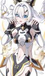  1girl absurdres animal_ears artist_name black_gloves blue_eyes braid cat_ears clothing_cutout cowboy_shot cutescookie fake_animal_ears fang fingerless_gloves floating_hair gloves hair_between_eyes hair_intakes highres honkai_(series) honkai_impact_3rd kiana_kaslana kiana_kaslana_(bastet's_secret) kiana_kaslana_(knight_moonbeam) linea_alba looking_at_viewer mechanical_tail navel open_mouth paw_pose pelvic_curtain simple_background solo stomach_cutout tail twin_braids white_background white_hair 