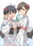  animal animal_on_shoulder antenna_hair aqua_eyes bangs black_hair blunt_bangs brown_eyes don_michael fan flower ganaha_hibiki hair_flower hair_ornament hair_up hamster hamuzou idolmaster idolmaster_(classic) japanese_clothes kimono looking_at_viewer multiple_girls numakura_manami obi open_mouth paper_fan real_life sash seiyuu short_hair smile uchiwa 