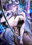 1girl absurdres alternate_costume animal_ears august_von_parseval_(azur_lane) azur_lane bare_shoulders black_horns breasts curled_horns fake_animal_ears hair_over_one_eye highres holding holding_pole horns huge_breasts long_hair looking_at_viewer navel one_eye_covered open_mouth playboy_bunny pole pole_dancing purple_eyes purple_hair rabbit_ears solo stripper_pole tansuan_(ensj3875) 