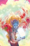  1girl blonde_hair blue_eyes blue_shirt cape comic_cover commentary cover cover_page cowboy_shot denim dual_persona emaciated english_commentary glowing glowing_weapon gradient_background hammer headscarf holding holding_hammer holding_weapon initial jane_foster jeans looking_at_viewer marvel matt_wilson mjolnir_(marvel) no_eyebrows official_art pants red_cape russell_dauterman shirt solo sunken_cheeks textless_cover_page textless_version thor_(jane_foster) thor_(marvel)_(series) weapon western_comics_(style) winged_headwear 