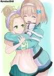  2girls ^_^ aqua_jacket aqua_skirt blonde_hair blue_background blush border brown_hair closed_eyes closed_mouth commentary_request cowboy_shot fish_hair_ornament forehead green_background hair_between_eyes hair_bun hair_ornament hair_ribbon hairband hand_on_another's_arm happy heaven_burns_red highres hug jacket long_sleeves medium_hair miniskirt multicolored_jacket multiple_girls ooshima_muua ooshima_yotsuha open_mouth outside_border parted_bangs pleated_skirt purple_ribbon ribbon siblings sidelocks simple_background single_hair_bun sisters skirt smile track_jacket twins twitter_username two-tone_background two-tone_jacket white_border white_hairband white_jacket yuukari345 zipper 