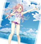  1girl :d arm_up armpits bikini blue_nails blush collarbone eyebrows_visible_through_hair floating_hair frilled_bikini frills hand_in_hair highres kotori_(gokigen_iori) long_hair looking_at_viewer nail_polish open_mouth original outstretched_arm pink_hair see-through smile solo swimsuit yellow_eyes 