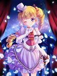  blonde_hair blue_eyes drill_hair finger_to_mouth gloves hair_ornament hair_ribbon hat long_hair looking_at_viewer omuni one_eye_closed original petals ribbon side_ponytail smile solo staff white_gloves white_legwear 