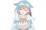  1girl bang_dream! bang_dream!_it's_mygo!!!!! blue_jacket brown_eyes commentary grey_hair hat highres jacket long_sleeves maa-chan_(sima) open_mouth penguin_hat short_hair simple_background solo takamatsu_tomori thighhighs untranslatable_commentary white_background 