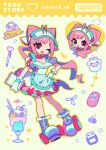  1girl :3 :d ;3 ;d blue_dress blunt_bangs boots bow cellphone cherry chibi clipboard commentary cup dot_nose dress drinking_glass flip_phone food footwear_bow fruit full_body gloves hand_on_own_hip hat highres holding holding_clipboard jar long_hair mian_zhi_bao multiple_views one_eye_closed open_mouth original outline parfait parfait_glass phone pink_eyes pink_hair purple_boots short_sleeves smile standing visor_cap wafer_stick white_bow white_gloves white_hat yellow_outline 
