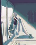  1girl absurdres barefoot blanket clothes_hanger curtains hair_over_one_eye highres indoors isekaijoucho kamitsubaki_studio laundry_basket long_hair mozuka16 sliding_doors solo virtual_youtuber white_hair 