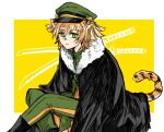 1girl animal_ears between_legs black_boots black_cloak blonde_hair boots border cloak closed_mouth commentary_request crossed_legs daiba_nana feet_out_of_frame from_side fur-trimmed_cloak fur_trim green_eyes green_hat green_jacket green_pants green_ribbon hair_between_eyes hair_ribbon hand_between_own_legs hat highres jacket katana kemonomimi_mode kon_kyk_03 long_sleeves looking_at_viewer looking_to_the_side military_uniform official_alternate_costume outside_border pants peaked_cap ribbon short_hair short_twintails shoujo_kageki_revue_starlight sitting solo striped_tail sword tail tiger_ears tiger_girl tiger_tail twintails weapon white_border yellow_background 