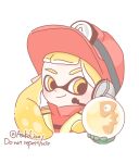  1girl asakoline blonde_hair blunt_bangs closed_mouth commentary_request cropped_torso hat inkling inkling_girl inkling_player_character long_hair red_hat salmon_run_(splatoon) simple_background smile solo splatoon_(series) tentacle_hair thick_eyebrows twitter_username white_background yellow_eyes 