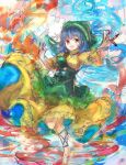  1girl apron barefoot between_fingers blue_hair commentary_request dress flower frilled_apron frills green_apron green_headscarf haniyasushin_keiki headscarf highres holding leg_up long_hair partial_commentary puffy_short_sleeves puffy_sleeves red_eyes short_sleeves solo tools touhou unfinished uwazumi wily_beast_and_weakest_creature yellow_dress 
