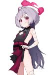  1girl absurdres bandaged_arm bandaged_fingers bandaged_hand bandages bandaid bandaid_on_face bare_shoulders black_kimono black_nails blue_archive blunt_bangs cleavage_cutout clothing_cutout commentary cowboy_shot flat_chest furrowed_brow gauze gauze_on_face gauze_on_knee grey_hair grin halo hands_on_own_hips highres japanese_clothes kimono leviathan_lvat long_hair looking_at_viewer nail_polish no_panties obi pink_eyes pink_halo revision sash short_kimono shuro_(blue_archive) sideless_kimono simple_background sleeveless smile solo tareme white_background 