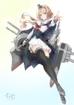  1girl absurdres black_hairband black_thighhighs blonde_hair blue_capelet blue_eyes blue_overskirt capelet chize commentary_request crown dress earrings full_body grey_shoes hair_between_eyes hairband highres jewelry kantai_collection long_hair long_sleeves looking_at_viewer mini_crown one-hour_drawing_challenge rigging shoes solo thighhighs valiant_(kancolle) white_dress 