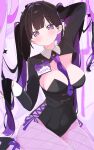  1girl absurdres ankle_bow arm_behind_head arm_up between_breasts black_bustier black_hair black_leotard black_shoes black_shrug blurry blurry_background blush bow breasts bustier clothes_between_breasts collared_shrug colored_inner_hair commentary cowboy_shot cross-laced_slit demon_horns fishnet_pantyhose fishnets hair_intakes hair_lift hand_up high_heels highres holding_own_hair horns large_breasts leotard long_hair looking_at_viewer multicolored_hair necktie necktie_between_breasts no_nose no_pupils original pantyhose parted_lips purple_bow purple_eyes purple_hair purple_necktie purple_pantyhose purple_ribbon raised_eyebrows ribbon shoes shrug_(clothing) side_slit sitting sleeve_cuffs solo tie_clip translation_request two-tone_hair untranslatable_commentary uruti_2388 very_long_hair vest wariza 