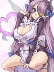  1girl apron arm_support blue_eyes blush breasts chocolate chocolate_on_body chocolate_on_breasts chocolate_on_face cleavage cleavage_cutout clothing_cutout commentary_request draph food food_on_body food_on_face granblue_fantasy hair_over_one_eye heart heart_cutout holding holding_knife horns huge_breasts knife long_hair narmaya_(granblue_fantasy) narmaya_(valentine)_(granblue_fantasy) official_alternate_costume purple_hair purple_ribbon ribbon smile squatting suikamaru sweater white_apron 